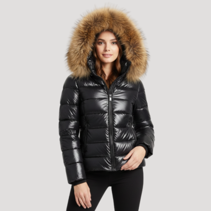 Shiny Women's Hooded Down Jacket with Faux Fur