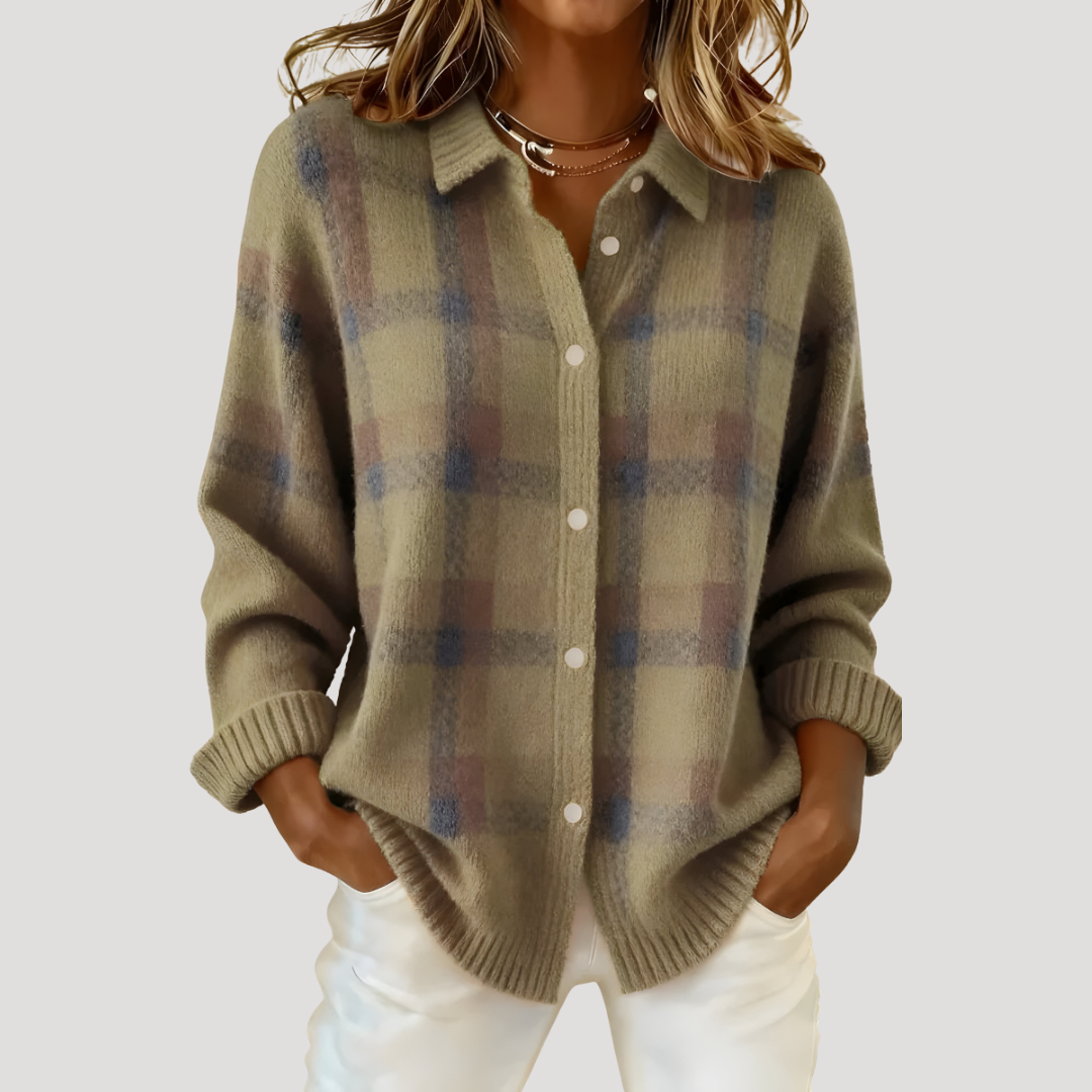 Women's Plaid Knit Cardigan with Loose Fit