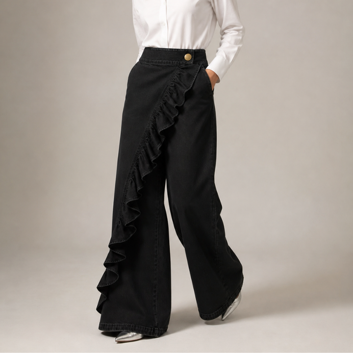 Wide Denim Pants for Women with Asymmetrical Ruffles