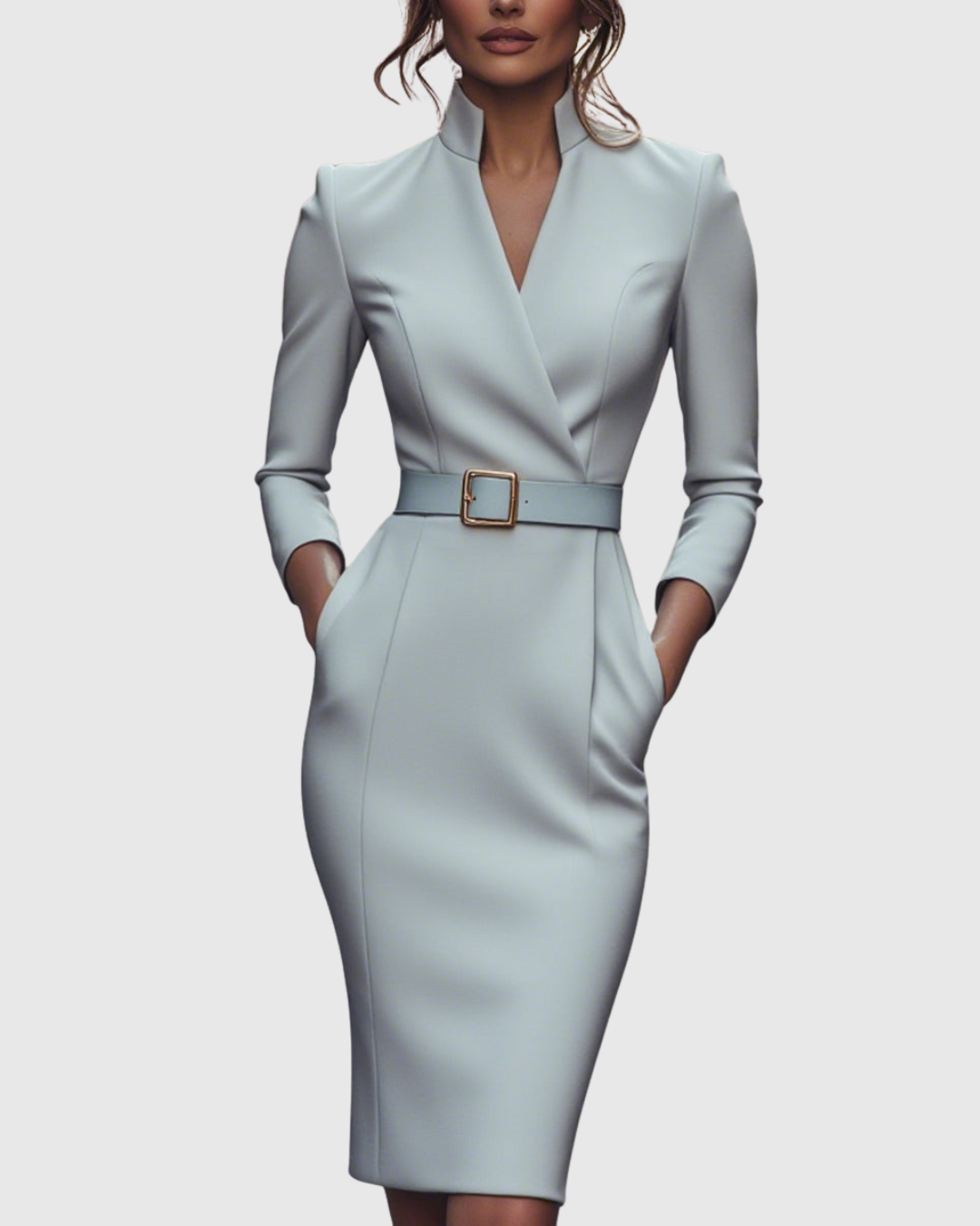 Women's Elegant Mock Wrap Midi Dress with Flattering Belt
