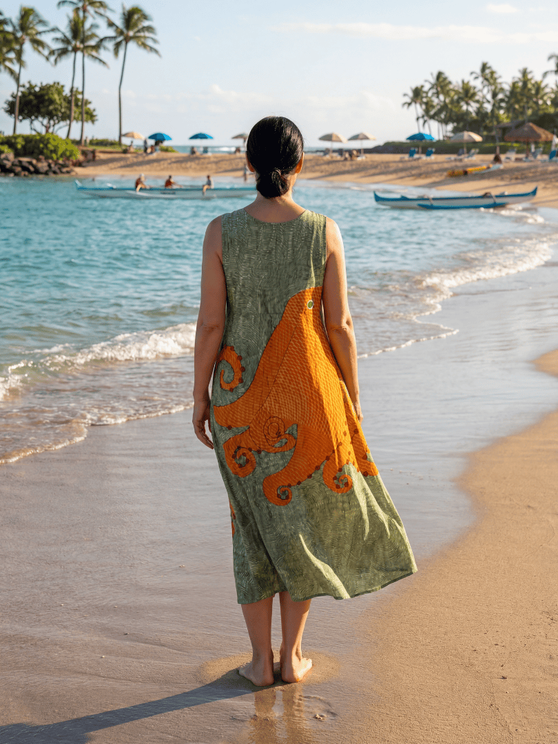 Emma & Rose Cape Town Ronan Ocean Wave Midi Dress with flowing fabric and vibrant blue wave pattern displayed in the image.