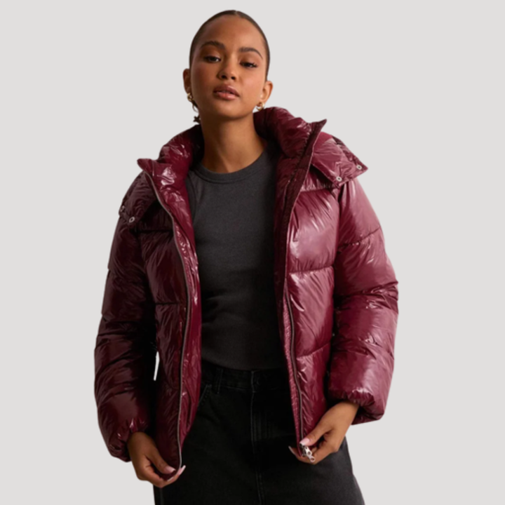 Women's Hooded Puffer Jacket with Shiny Finish