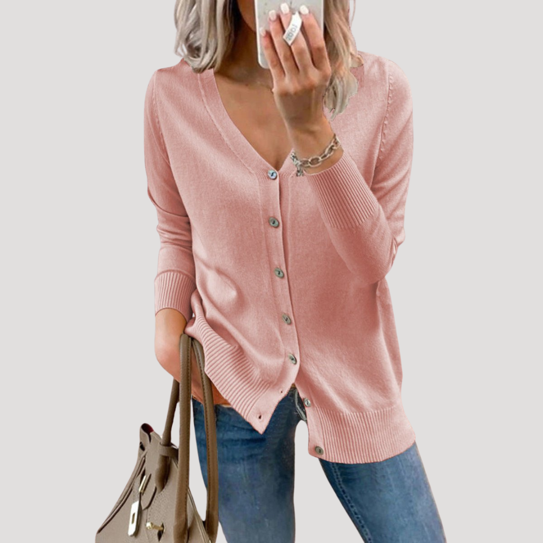 Women's V-Neck Knit Cardigan with Ribbed Cuffs