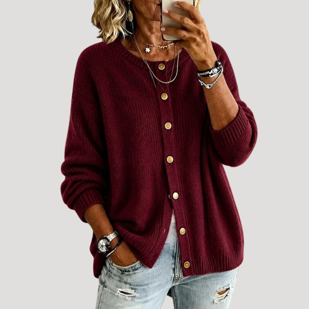 Women's Round Neck Cardigan with Front Buttons