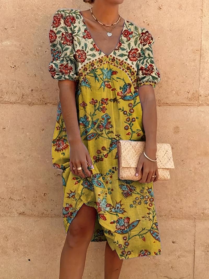 Abida Puff Sleeve V-Neck Multicoloured Dress