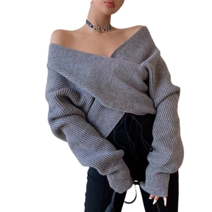 Women's Sweater with V-Neck and Exposed Shoulders - Soft and Modern