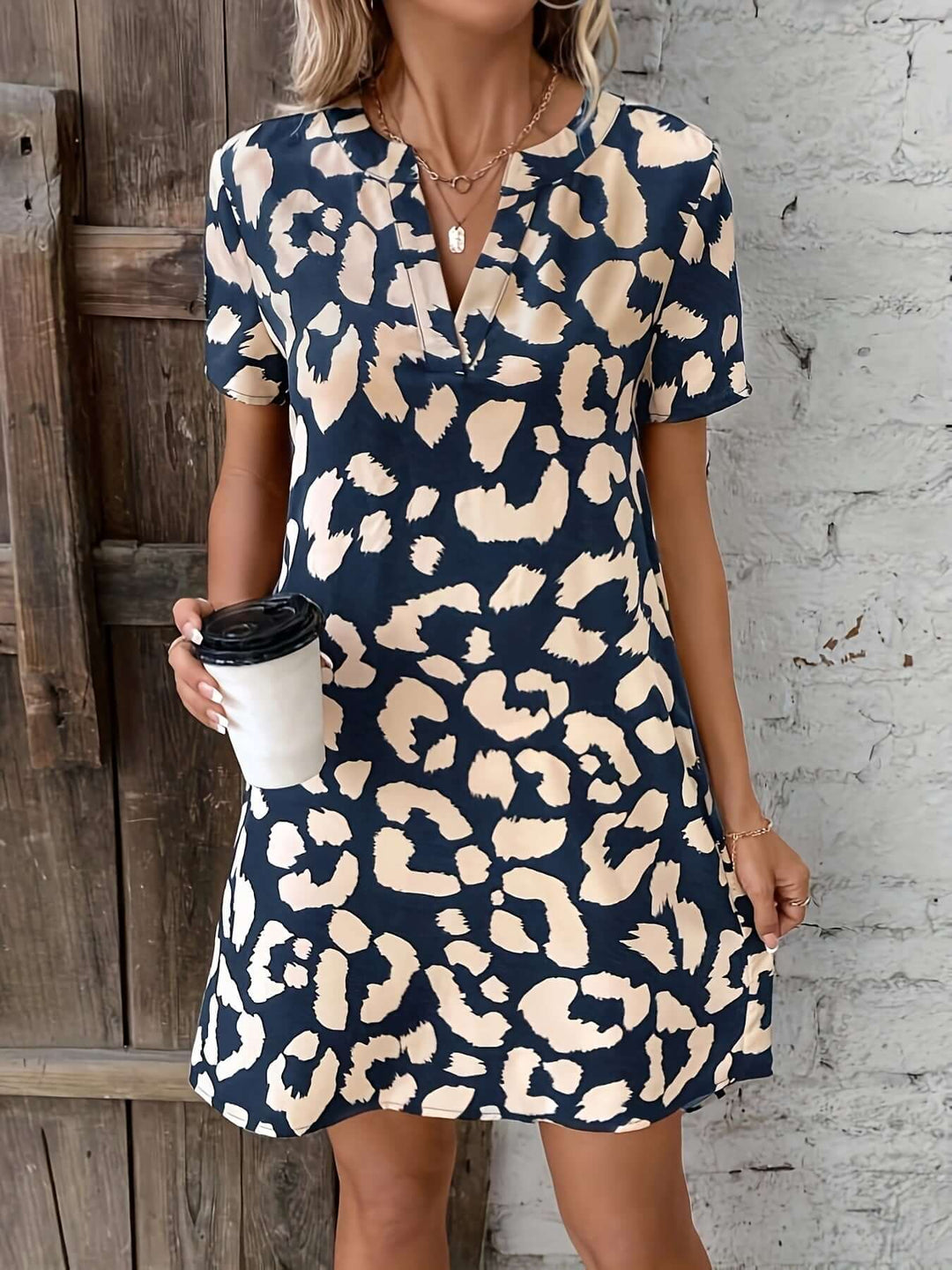 Leopard Print V-Neck Dress, view 3 - Elena Harper