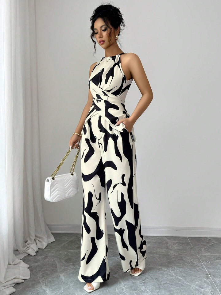Women's Black and White Printed Halter Jumpsuit