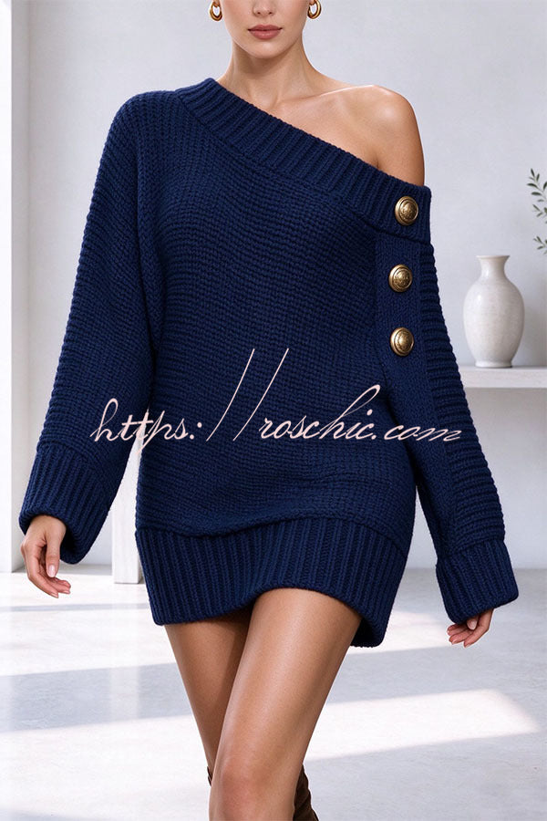 Ribbed Knit One Shoulder Button Detail Long Sleeve Relaxed Sweater Mini Dress