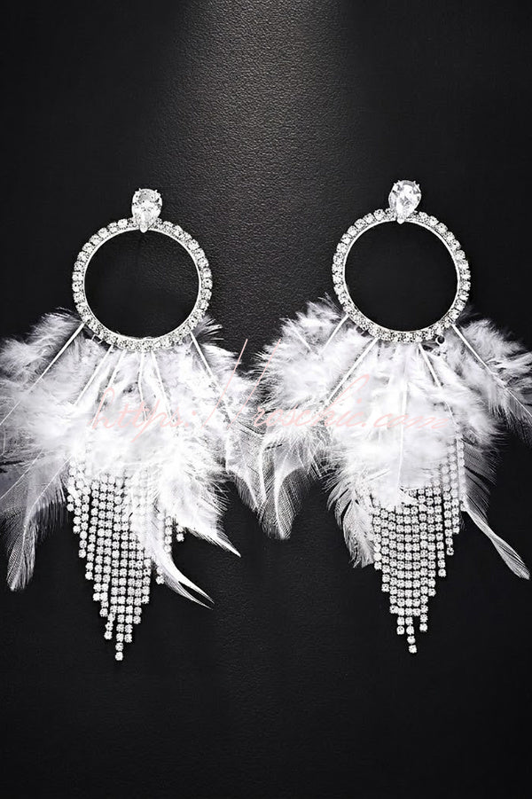 Rhinestone and Feather Tassel Earrings