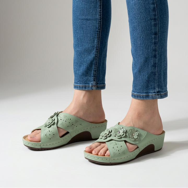 Amycca Comfortable Wedge Slippers with Floral Applications, view 6 - Elena Harper