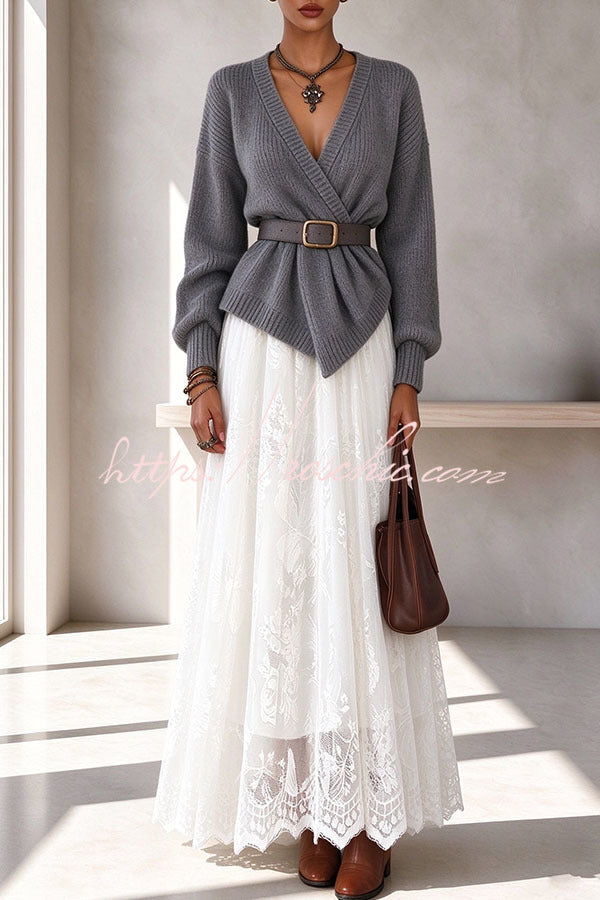 Exquisite Lace High Rise Elastic Waist A-line Maxi Skirt