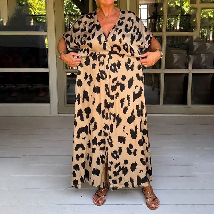 Women's Flowy V-Neck Leopard Print Maxi Dress