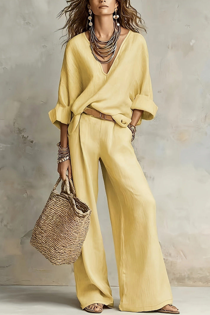 Fluid Women's Ensemble with V-Neck and Wide Pants