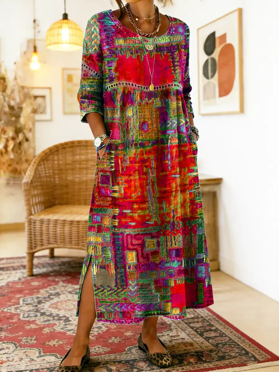 Manuela | Boho Printed Denim Dress with Ethnic Patchwork