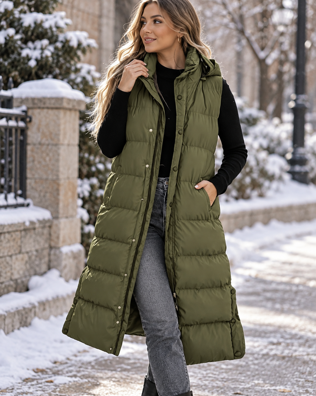 Eveline Long Padded Vest with Hood - Elena Harper
