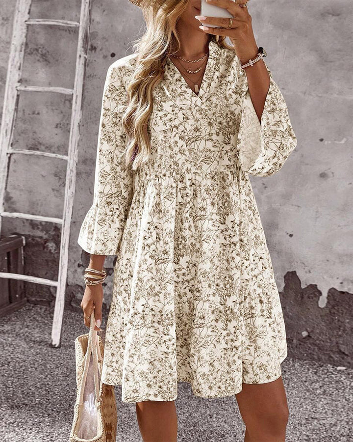 Spring Women's A-Line Dress with High Neck, Ruffled Sleeves, Floral Print, view 2 - Elena Harper