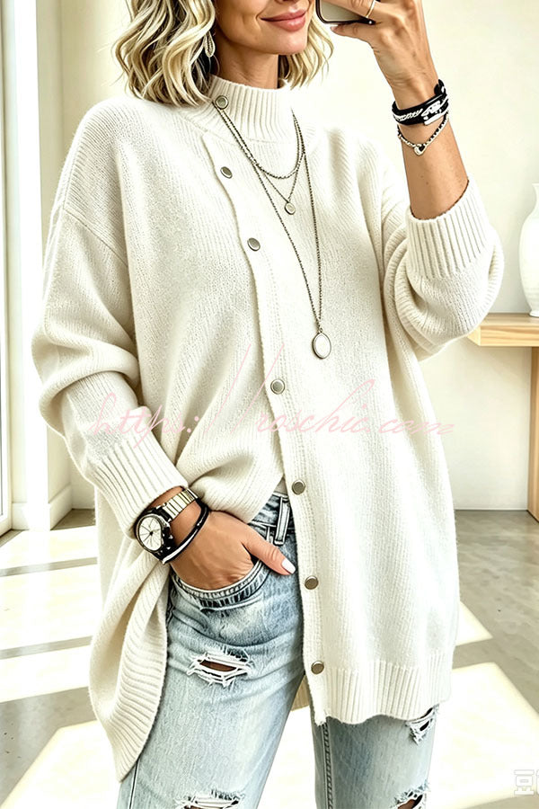 Warm Season Knit Turtleneck Button-down Long Sleeve Loose Sweater