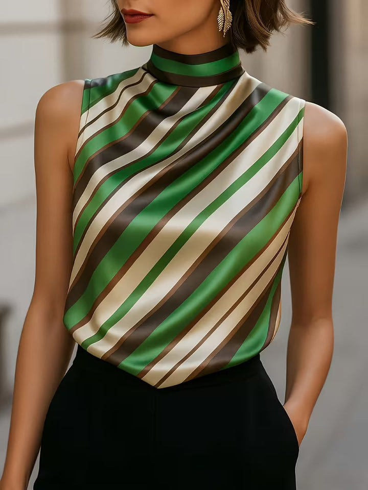 Alyza Sleeveless High Neck Striped Satin Top, view 4 - Elena Harper