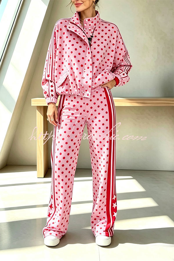 Lucienne Polka Dot Striped Star Print Zipper High Neck Pocket Sporty Jacket