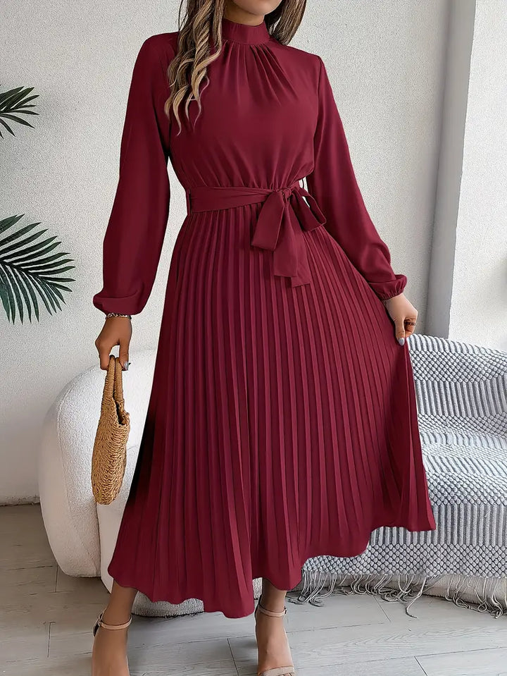 Women's Elegant Long-Sleeve Belted Midi Dress