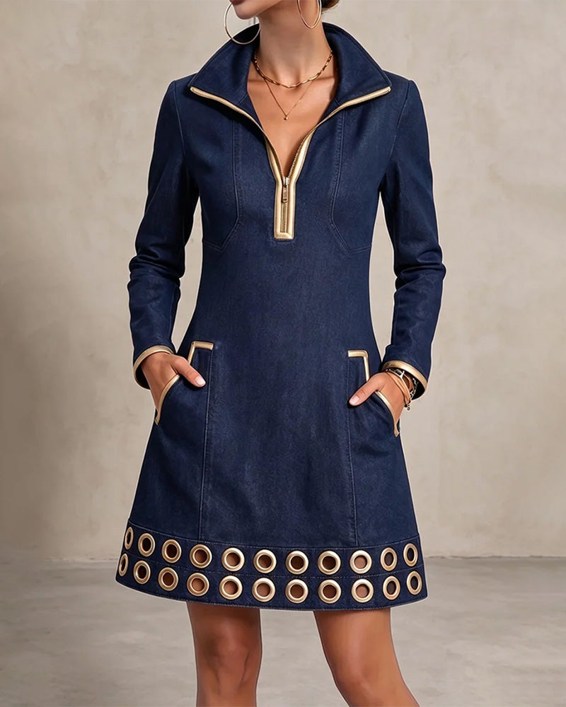 Short denim dress for women with zip collar and eyelets