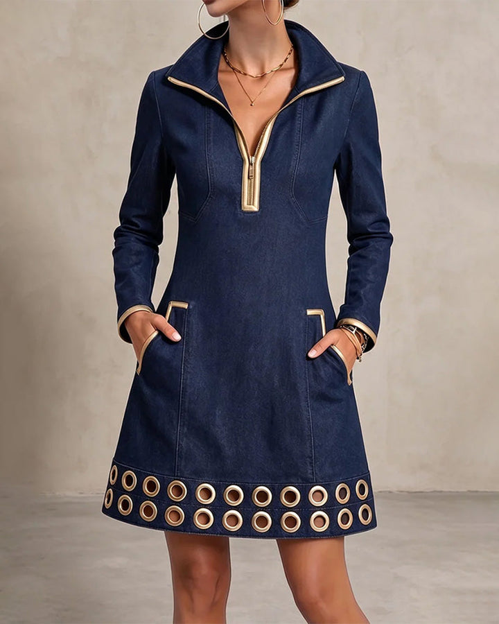 Short denim dress for women with zip collar and eyelets