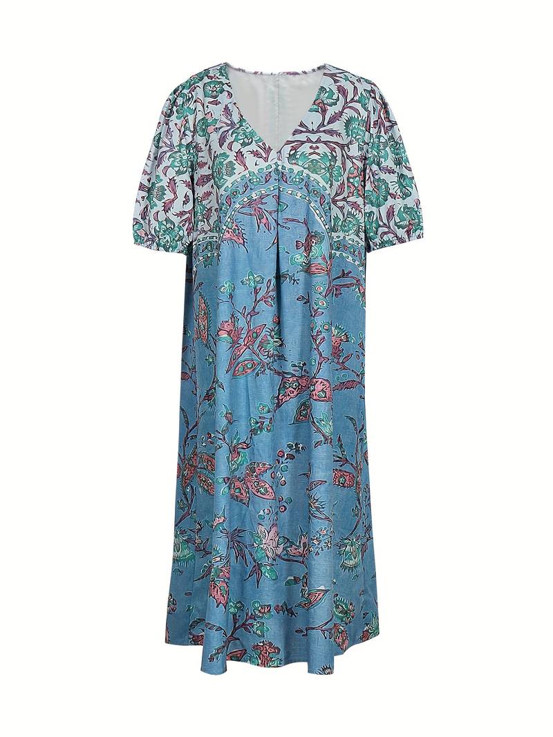Abida Puff Sleeve V-Neck Multicoloured Dress