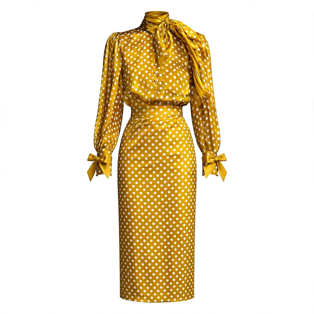 Nina Harlow Vintage Polka Dot Satin Shirt & Skirt Set For Women, view 2 - Elena Harper
