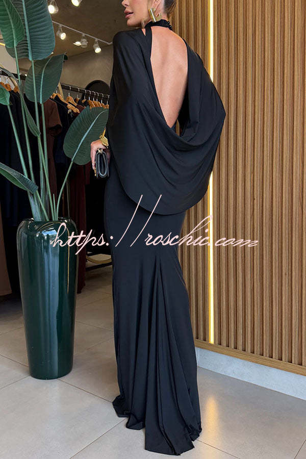 Mermaid High Neck Cape Sleeve Drape Open Back Evening Gown Maxi Dress