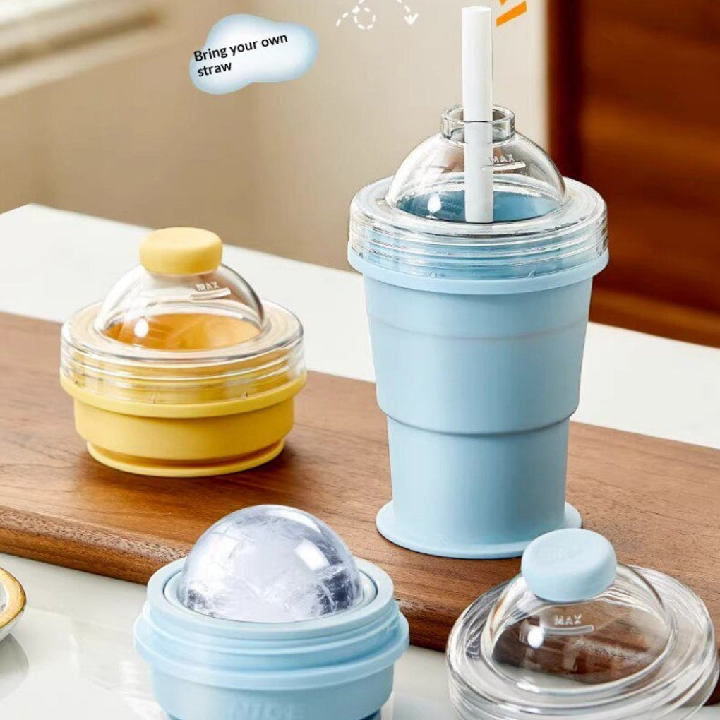 Foldable Silicone Ice Ball Cup with 2-in-1 Ice Mold and Travel Bottle