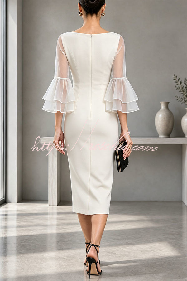 Formal Boat Neck Sheer Double Layer Bell Sleeve Bodycon Midi Dress