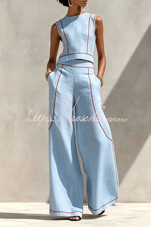 Elysia Contrast-Stitch Linen Two-Piece Set