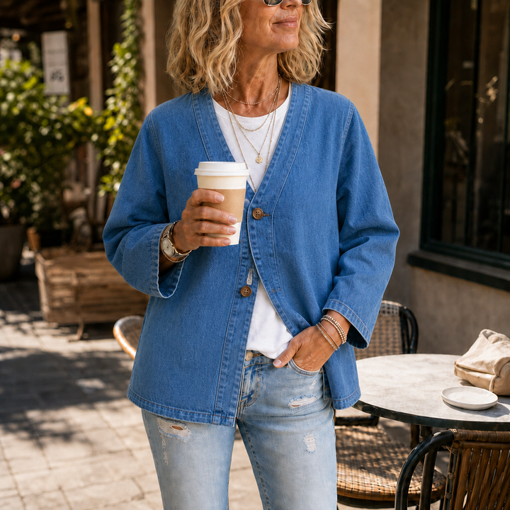 Drapella Collarless Soft-Denim-Look Button-Down Cardigan - Elena Harper