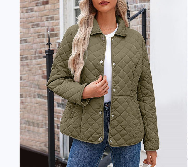 Women's Solid Quilted Jacket – Casual Style with Warm Notched Collar