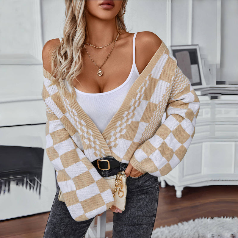 Casual Knitted Plaid Cardigan