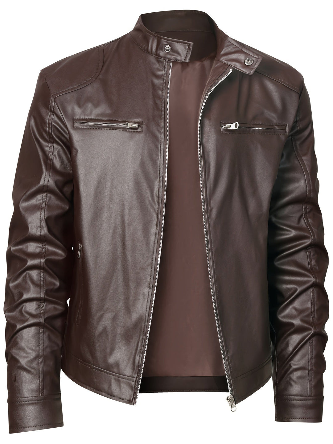 Roman Stand-Collar Moto Jacket, view 3 - Elena Harper