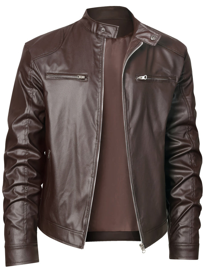 Roman Stand-Collar Moto Jacket, view 3 - Elena Harper