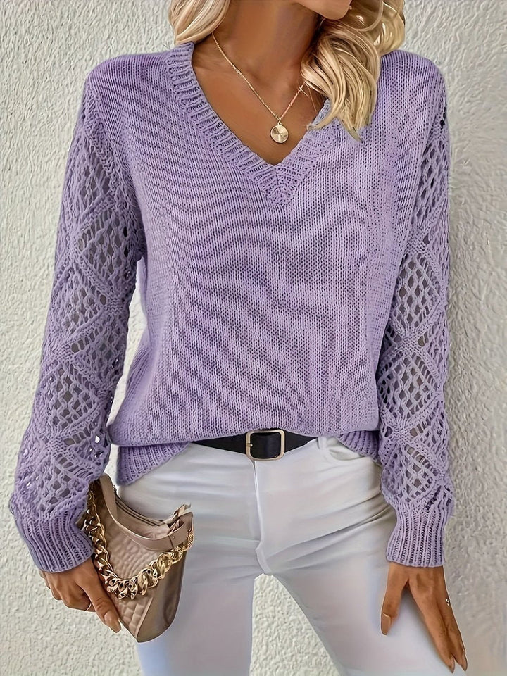 Emily Elegant Women's V-Neck Knit Sweater with Lace Pattern Sleeves, view 9 - Elena Harper