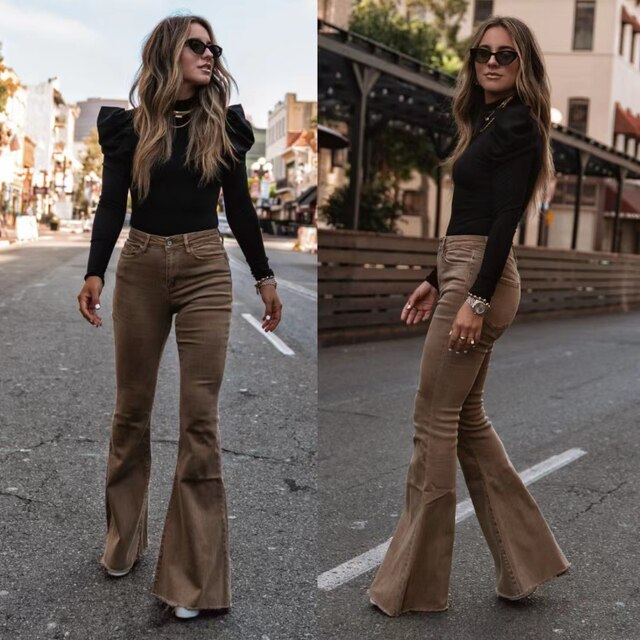 Ladies High-Waist Flared Pants – High-Waisted, Long Pants with Flared Legs