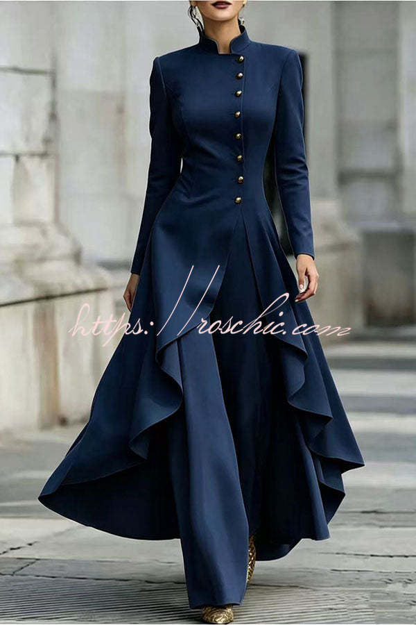 Jemma Stand Neck Long Sleeve Button High Low Hem Top and Wide Leg Pants Set (Shipped Within 24 Hours)