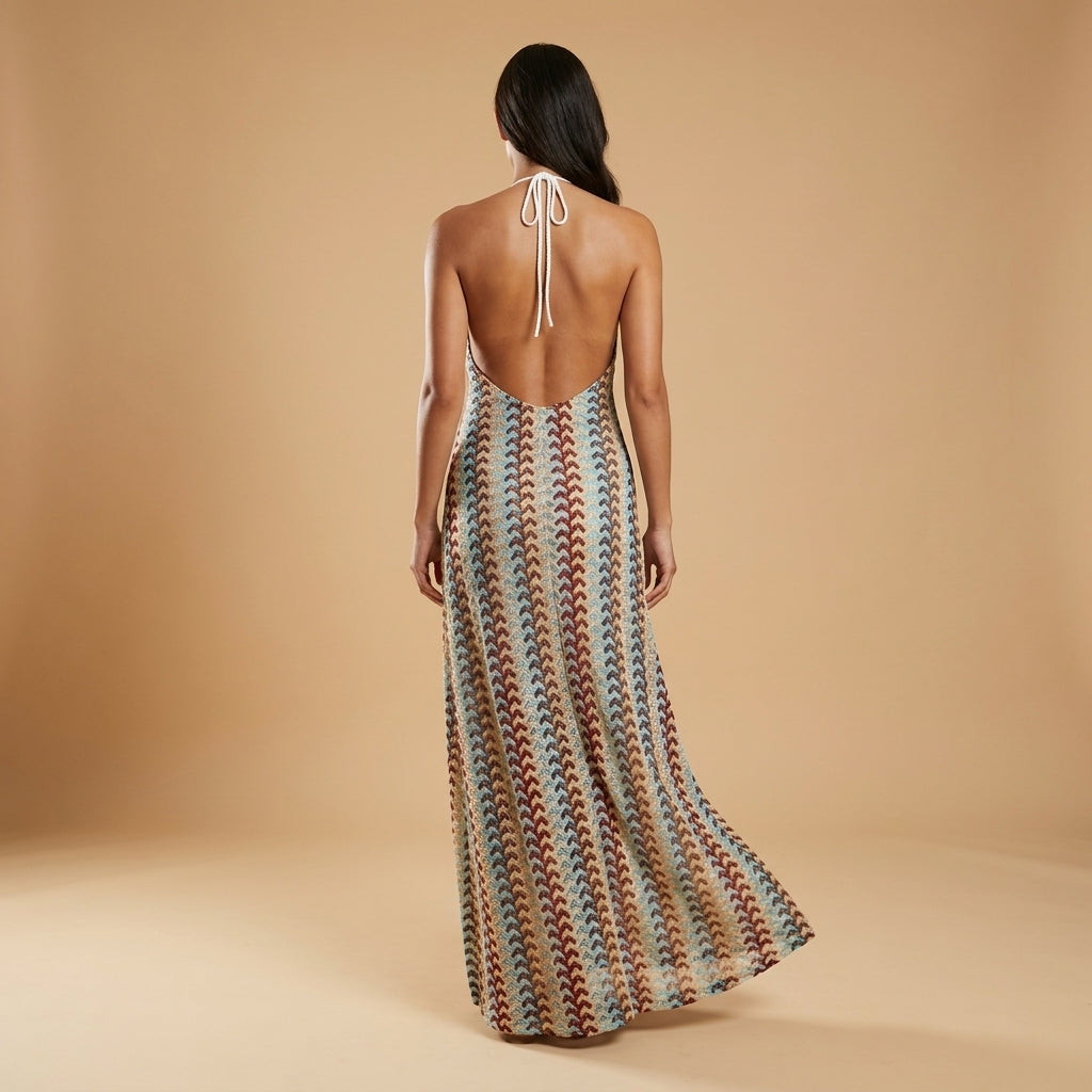 Boho Halter Maxi Dress Multicolour Print Backless