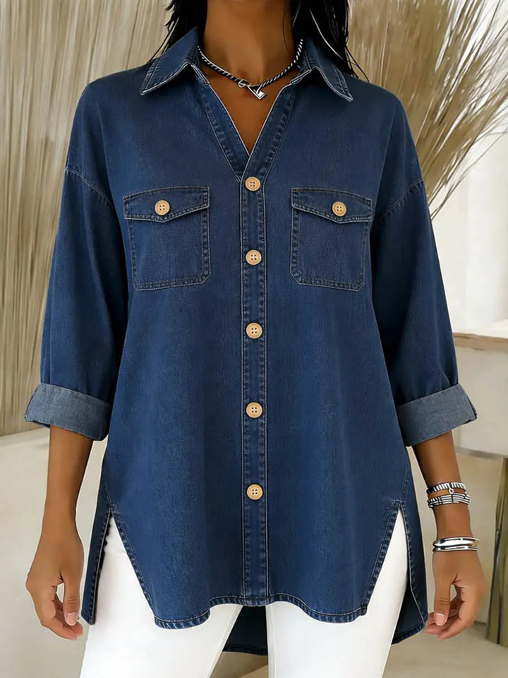 Women's Long Denim Shirt with Loose Fit and Pockets