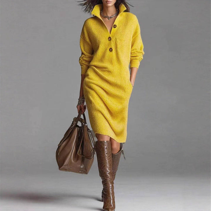 Women's Long Sleeve Knit Dress – High V-Neck with Buttons
