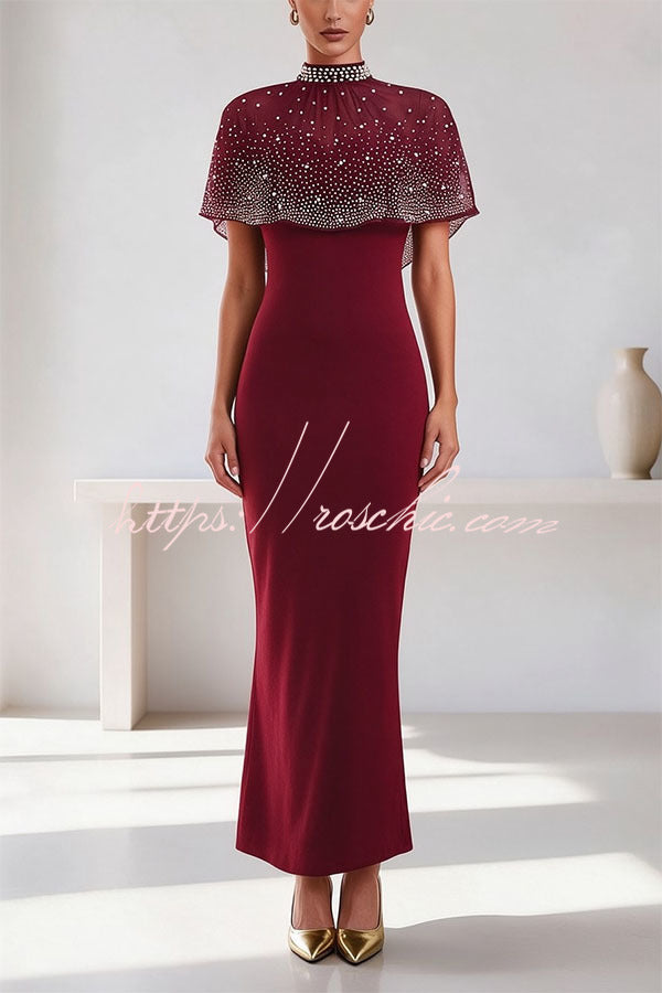 Grace Lady Sheer Pearl Details High-neck Cape Maxi Dress