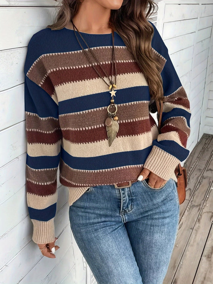 Women's Striped Knit Sweater with Round Neck