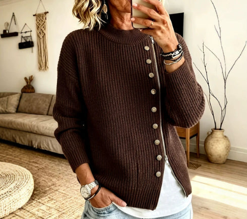 Women's Ribbed Sweater with Asymmetrical Zip – Modern and Comfortable