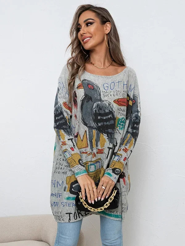 Lunisse Knitted Sweater with Artistic Cartoon Print, view 6 - Elena Harper