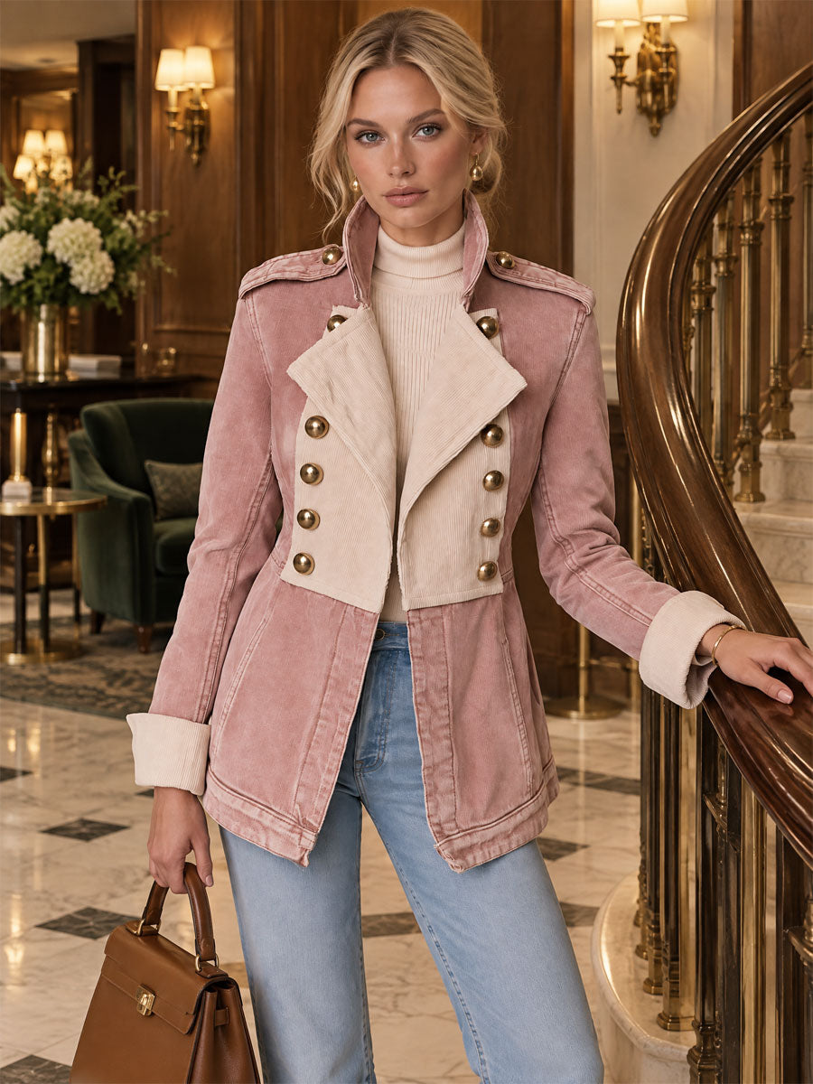 Stylish Retro White Corduroy Pink Double-Breasted Denim Coat