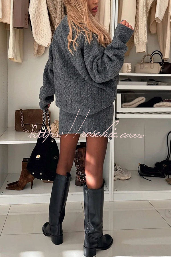Tanya Cable Knit Button Lapel Loose Sweater and Elastic Waist Mini Skirt Set